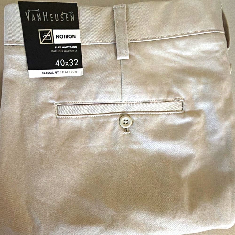 Van Heusen No Iron Men 40x32 Beige Twill Flat Front Flex Waist Dress Pants